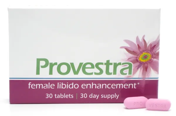 Provestra box with two pink tablets beside it